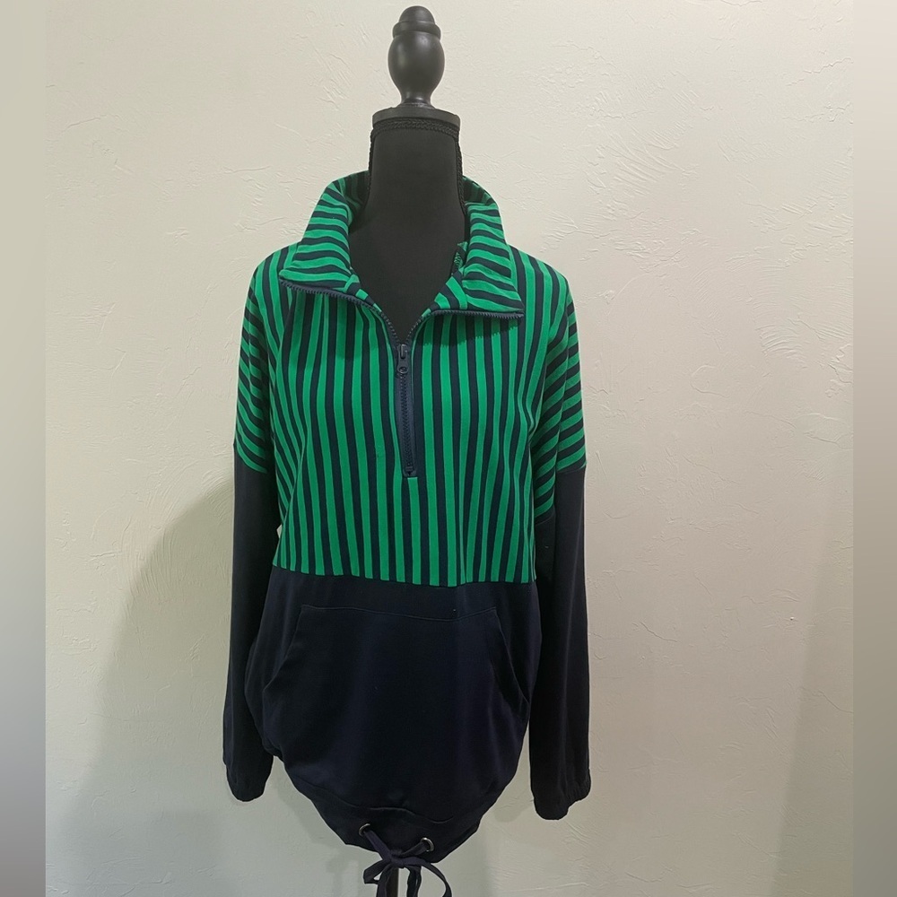 Z Avenue USA Women's Long Green Navy Striped 1/4 zipped pullover sweatshirt